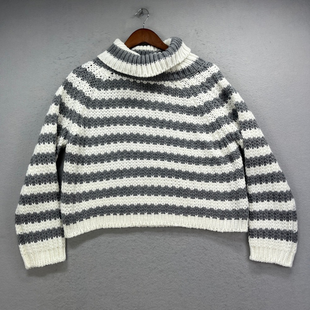 Elan Sweater Women Medium Grey White Striped Chunky Knit Turtleneck Quiet Luxury